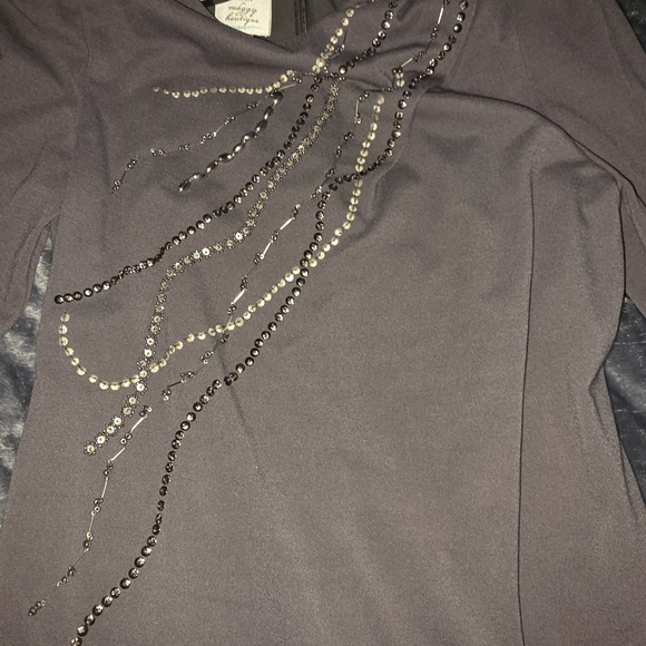 Suzi Chin Charcoal Gray Long-Sleeve Dress with Rhinestone Cascade - Picture 4 of 5